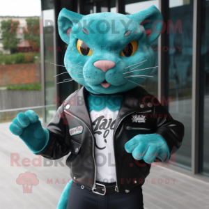 Cyan Jaguarundi mascot costume character dressed with a Biker Jacket and Hairpins