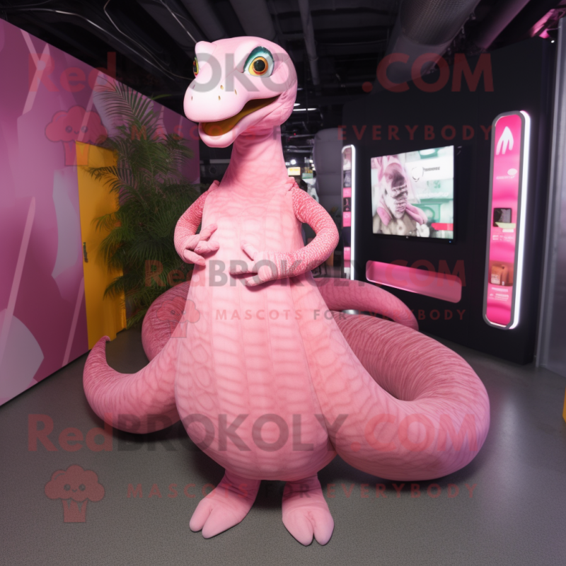 Pink Titanoboa mascot costume character dressed with a Midi Dress and Foot pads Pink Titanoboa mascot costume character dressed with a Midi Dress and Foot pads