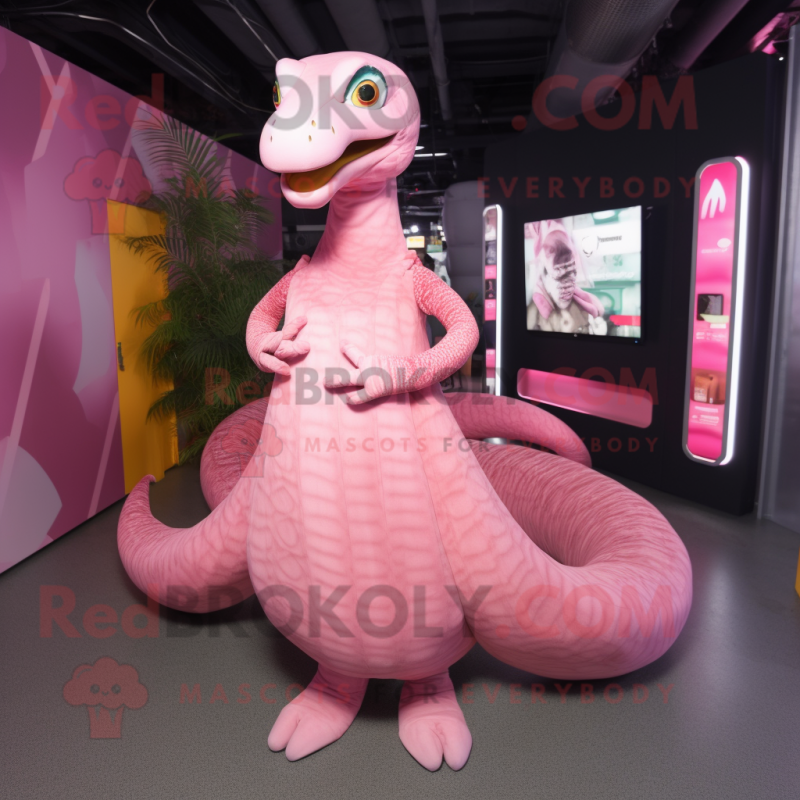 Pink Titanoboa mascot costume character dressed with a Midi Dress and Foot pads