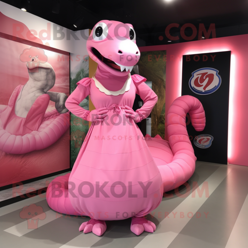 Pink Titanoboa mascot costume character dressed with a Midi Dress and Foot pads Pink Titanoboa mascot costume character dressed with a Midi Dress and Foot pads