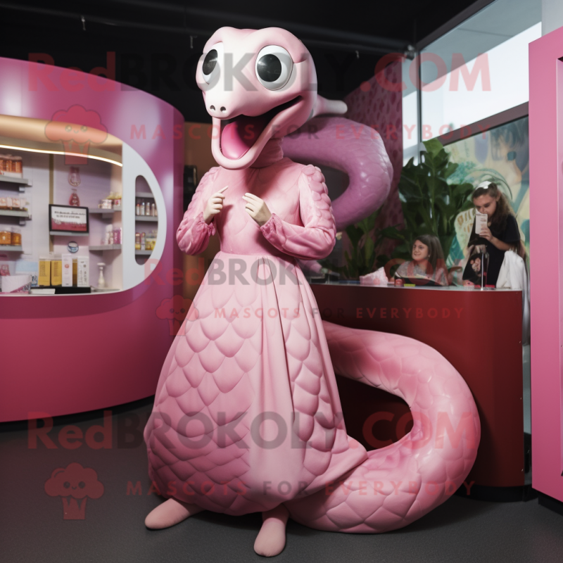 Pink Titanoboa mascot costume character dressed with a Midi Dress and Foot pads