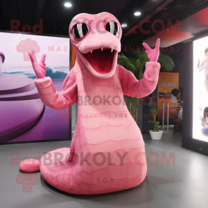 Pink Titanoboa mascot costume character dressed with a Midi Dress and Foot pads