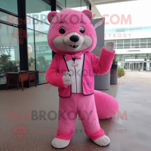 Pink Mongoose mascot costume character dressed with a Suit Pants and Hair clips