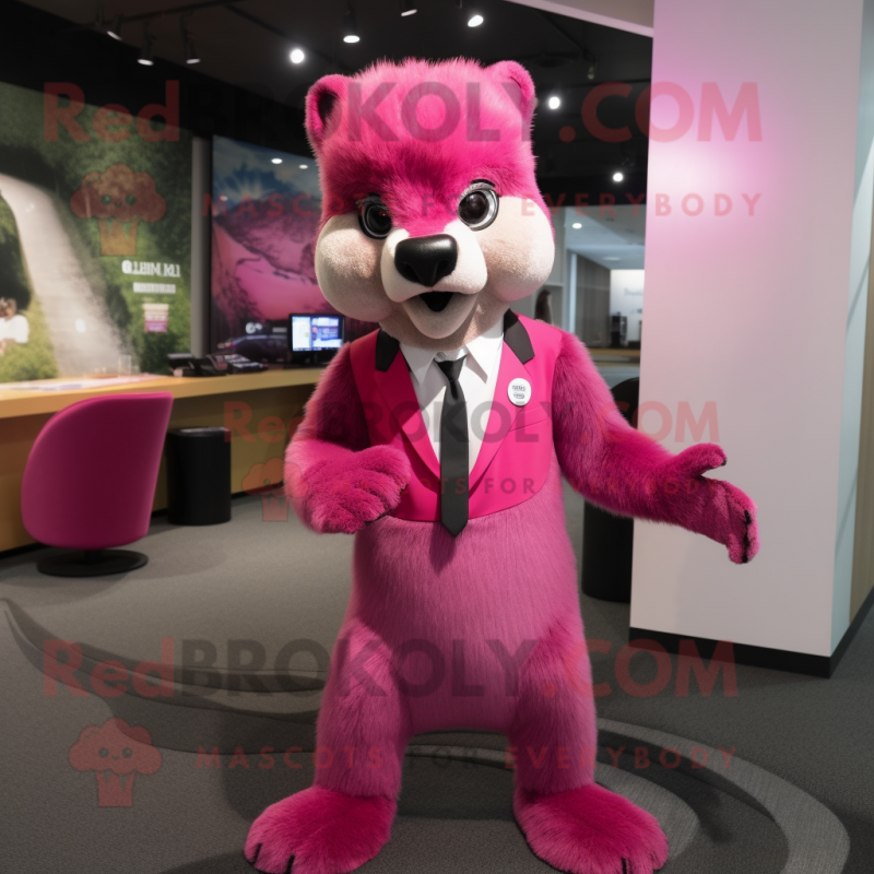 Pink Mongoose mascot costume character dressed with a Suit Pants and Hair clips