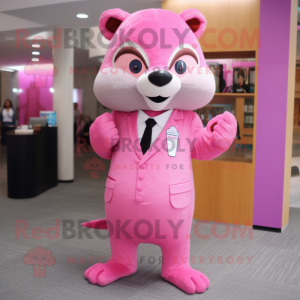 Pink Mongoose mascot costume character dressed with a Suit Pants and Hair clips