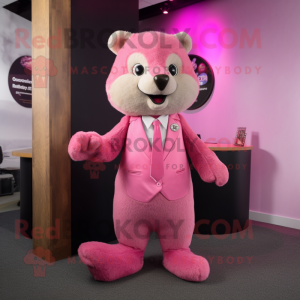 Pink Mongoose mascot costume character dressed with a Suit Pants and Hair clips