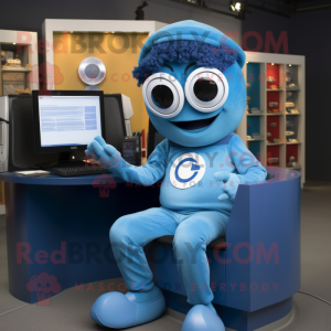 Blue Computer mascot costume character dressed with a Oxford Shirt and Rings