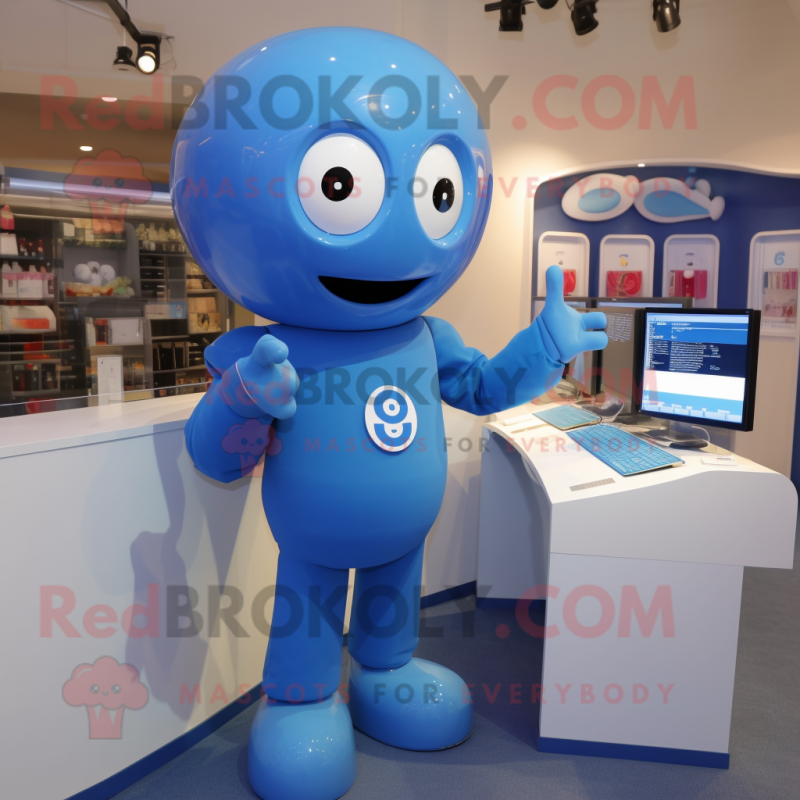 Blue Computer mascot costume character dressed with a Oxford Shirt and Rings Blue Computer mascot costume character dressed with a Oxford Shirt and Rings
