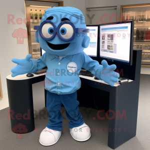 Blue Computer mascot costume character dressed with a Oxford Shirt and Rings