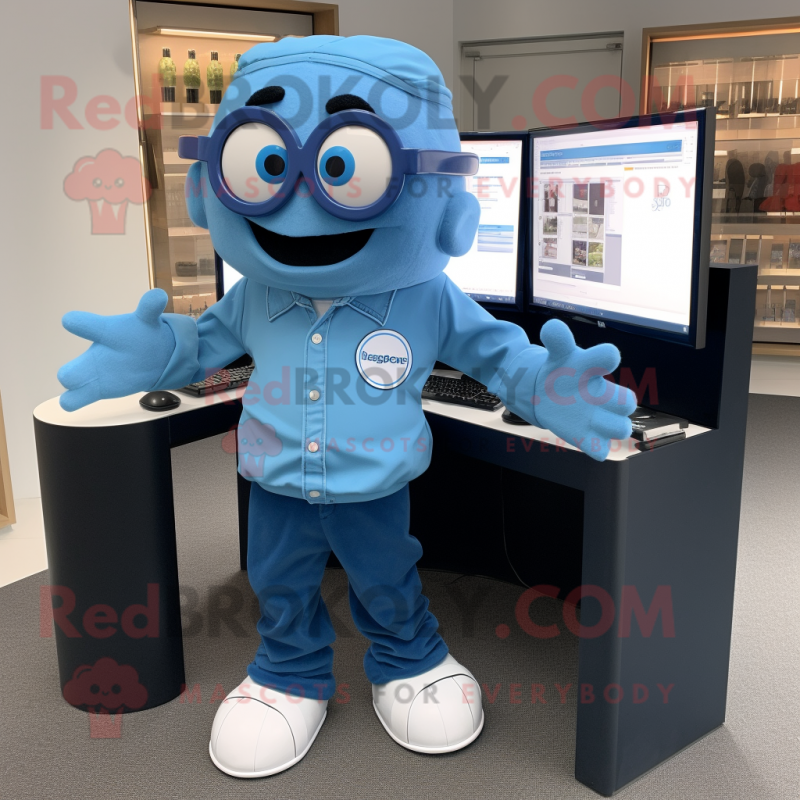 Blue Computer mascot costume character dressed with a Oxford Shirt and Rings Blue Computer mascot costume character dressed with a Oxford Shirt and Rings