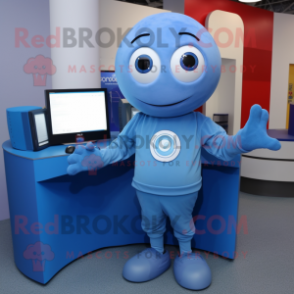 Blue Computer mascot costume character dressed with a Oxford Shirt and Rings