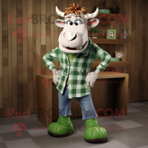 Green Zebu mascot costume character dressed with a Flannel Shirt and Shoe laces