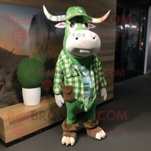 Green Zebu mascot costume character dressed with a Flannel Shirt and Shoe laces