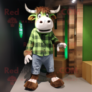 Green Zebu mascot costume character dressed with a Flannel Shirt and Shoe laces
