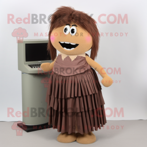 Brown Computer mascot costume character dressed with a Pleated Skirt and Hairpins