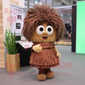 Brown Computer mascot costume character dressed with a Pleated Skirt and Hairpins