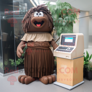 Brown Computer mascot costume character dressed with a Pleated Skirt and Hairpins