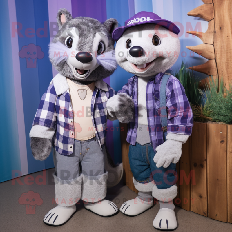 Lavender Badger mascot costume character dressed with a Boyfriend Jeans and Headbands Lavender Badger mascot costume character dressed with a Boyfriend Jeans and Headbands