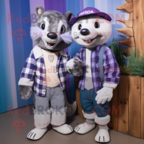 Lavender Badger mascot costume character dressed with a Boyfriend Jeans and Headbands