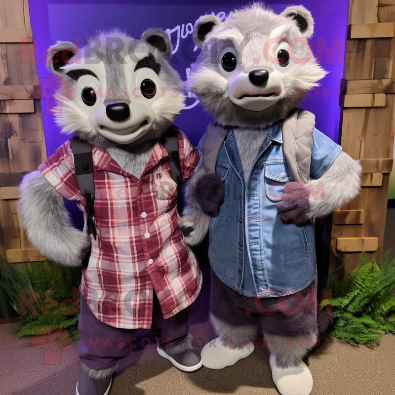 Lavender Badger mascot costume character dressed with a Boyfriend Jeans and Headbands Lavender Badger mascot costume character dressed with a Boyfriend Jeans and Headbands