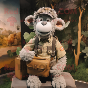 Gray Merino Sheep mascot costume character dressed with a Cargo Pants and Brooches