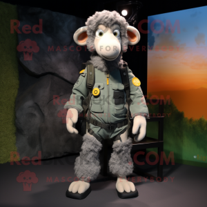 Gray Merino Sheep mascot costume character dressed with a Cargo Pants and Brooches