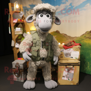 Gray Merino Sheep mascot costume character dressed with a Cargo Pants and Brooches