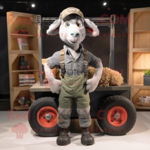 Gray Merino Sheep mascot costume character dressed with a Cargo Pants and Brooches