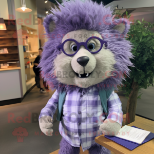 Lavender Porcupine mascot costume character dressed with a Oxford Shirt and Eyeglasses