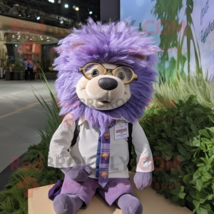 Lavender Porcupine mascot costume character dressed with a Oxford Shirt and Eyeglasses