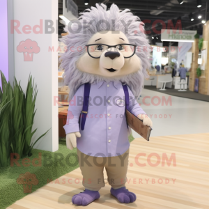 Lavender Porcupine mascot costume character dressed with a Oxford Shirt and Eyeglasses