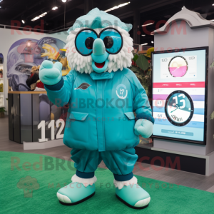 Teal Soccer Goal mascot costume character dressed with a Parka and Digital watches