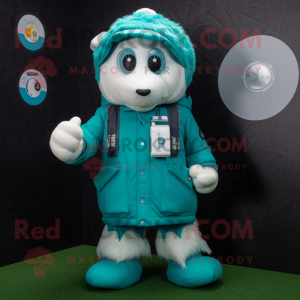 Teal Soccer Goal mascot costume character dressed with a Parka and Digital watches