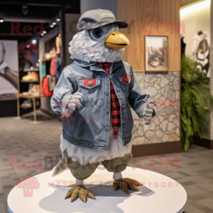 Gray Quail mascot costume character dressed with a Windbreaker and Berets