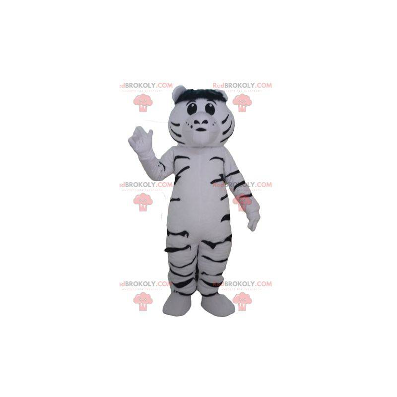 Mascote tigre gigante e comovente, branco e preto -
