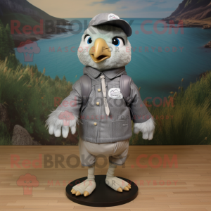 Gray Quail mascot costume character dressed with a Windbreaker and Berets