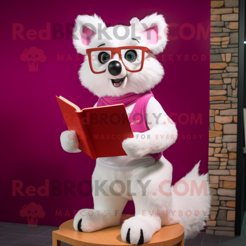 Magenta Ermine mascot costume character dressed with a Polo Tee and Reading glasses