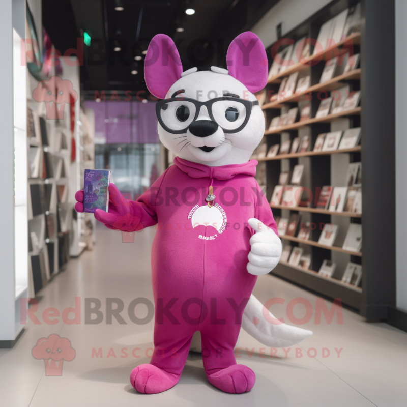 Magenta Ermine mascot costume character dressed with a Polo Tee and Reading glasses Magenta Ermine mascot costume character dressed with a Polo Tee and Reading glasses