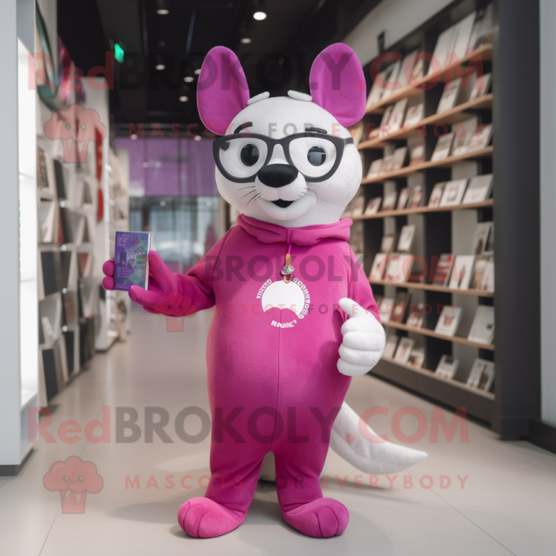 Magenta Ermine mascot costume character dressed with a Polo Tee and Reading glasses