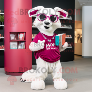 Magenta Ermine mascot costume character dressed with a Polo Tee and Reading glasses