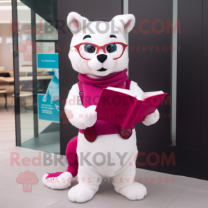 Magenta Ermine mascot costume character dressed with a Polo Tee and Reading glasses