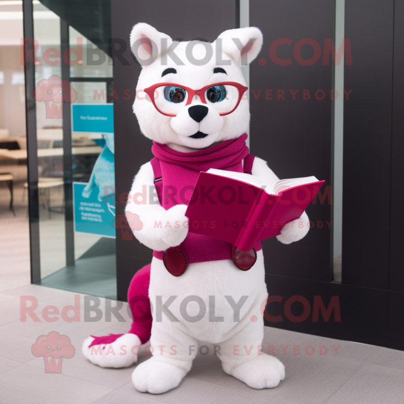 Magenta Ermine mascot costume character dressed with a Polo Tee and Reading glasses Magenta Ermine mascot costume character dressed with a Polo Tee and Reading glasses