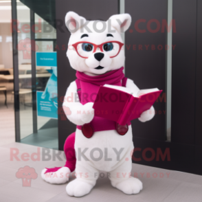 Magenta Ermine mascot costume character dressed with a Polo Tee and Reading glasses