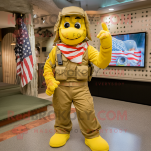 Yellow American Soldier mascot costume character dressed with a Chinos and Gloves