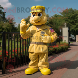 Yellow American Soldier mascot costume character dressed with a Chinos and Gloves