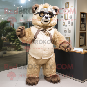 Beige Spectacled Bear mascot costume character dressed with a Jeggings and Watches