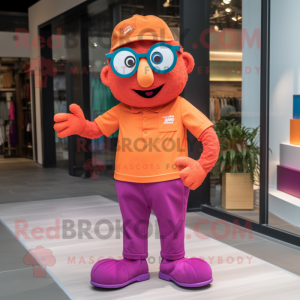 Magenta Orange mascot costume character dressed with a Chinos and Eyeglasses