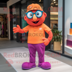 Magenta Orange mascot costume character dressed with a Chinos and Eyeglasses