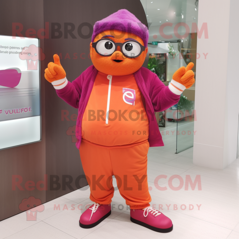 Magenta Orange mascot costume character dressed with a Chinos and Eyeglasses