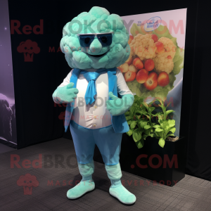 Cyan Cauliflower mascot costume character dressed with a Bikini and Pocket squares